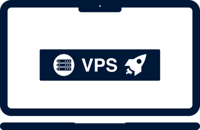 A graphic of a laptop displaying the letters 'VPS' in large font, flanked by a server rack icon on the left and a rocket icon on the right, symbolizing fast and reliable virtual private server hosting.